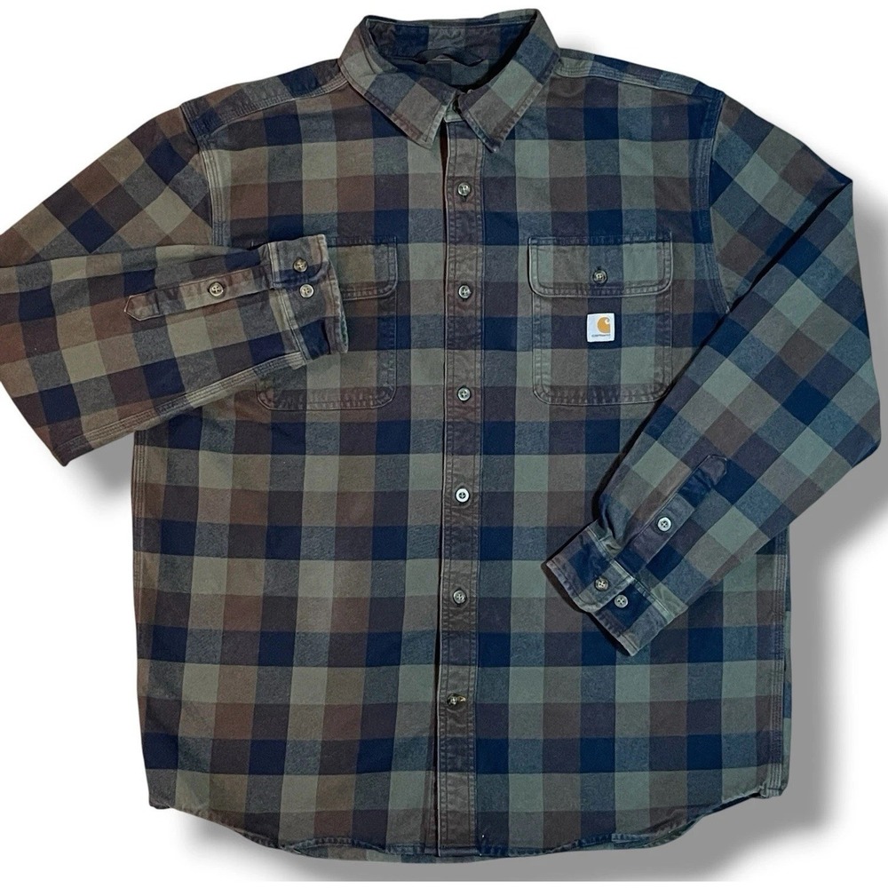 CARHARTT Mens Flannel Shirt Loose Fit Heavy Weight Plaid Soft Sz L Workwear EUC
